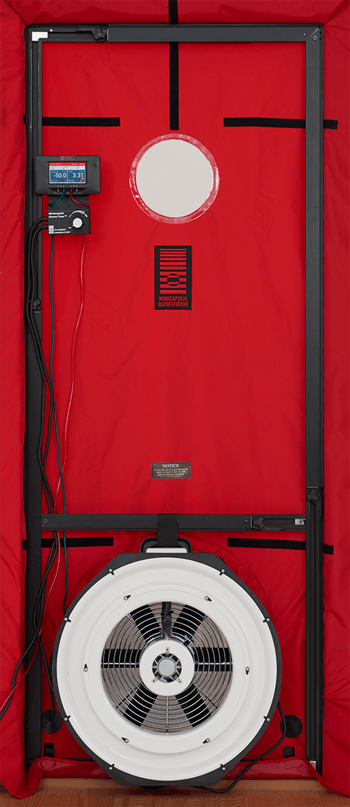 Single-fan blower door system set up for whole-building airtightness testing